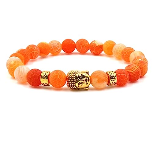 KnBoB 8MM Perlen Armband für Herren Damen, Legierung Gelb Orange Buddha Achat Naturstein Schmuck Armbänder 19 cm von KnBoB