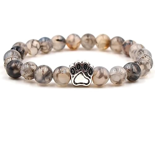 KnBoB 8MM Perlen Armband für Herren Damen, Legierung Grau Stil 7 Silberne Pfote Achat Stretch Schmuck Armbänder 19 cm von KnBoB