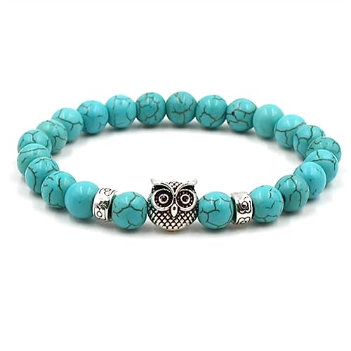 KnBoB 8MM Perlen Armband für Herren und Damen, Legierung Türkis Silber Eule Türkis Armbänder 19 cm von KnBoB