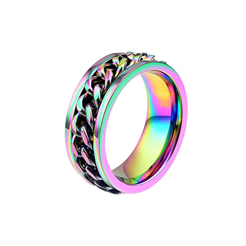 KnBoB 8MM Ringe Herren Modeschmuck, Bunt Regenbogen Panzerkette Spinner Ring Edelstahl Anxiety Ring Größe 57 (18.1) von KnBoB