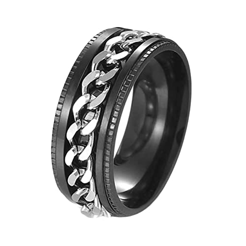 KnBoB 8MM Ringe Herren Ringe, Schwarz Silber Panzerkette Ketten Spinner Ring Edelstahl Fidget Ring Größe 70 (22.3) von KnBoB