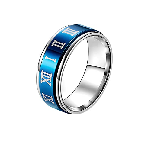 KnBoB 8MM Stress Relief Ring, Blau Spinner Ring mit Römische Zahlen Edelstahl Anxiety Relief Ring für Herren Größe 52 (16.6) von KnBoB