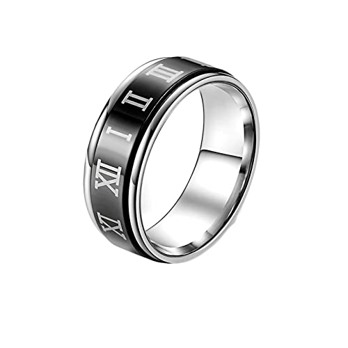 KnBoB 8MM Stress Ringe, Schwarz Spinner Ring mit Römische Zahlen Edelstahl Fidget Ring für Herren Größe 52 (16.6) von KnBoB