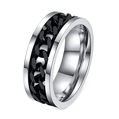 KnBoB Anti-Stress Ring, 8MM Edelstahl Herren Silber Schwarz Spinner Ring Anxiety Ring Größe 70 (22.3) von KnBoB