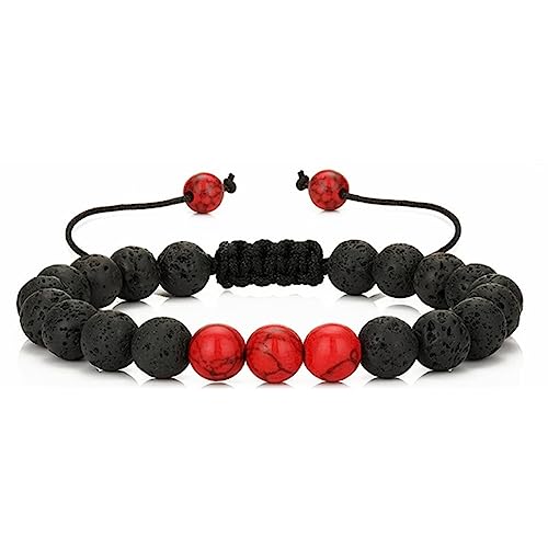 KnBoB Armband Perlen Herren Damen, Rot Schwarz Stil 13 Geflochten Lavastein Naturstein Modeschmuck Armbänder 29.2 cm von KnBoB