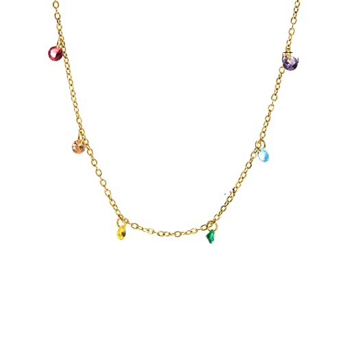 KnBoB Edelstahl Damen Halskette Bunt Zart Schlicht mit Bunt Rund Zirkonia Schmuck Anhänger mit Kette 47 CM von KnBoB