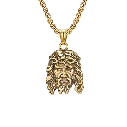KnBoB Edelstahl Herren Halskette Gold Vintage Jesus Kopf Schmuck Anhänger mit Kette 60 CM von KnBoB