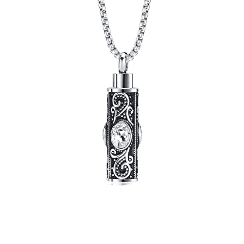 KnBoB Edelstahl Herren Halskette Weiß Asche Anhänger Zylinder mit Weiß Oval Zirkonia Schmuck Kette 60 CM von KnBoB