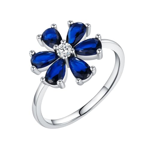 KnBoB Eheringe Trauringe, 14K Weißgold 585 Damen Ring Blumen Blau Tropfen Labor Erstellt Saphir Stein Modeschmuck Ringe Schlicht Größe 49 (15.6) von KnBoB