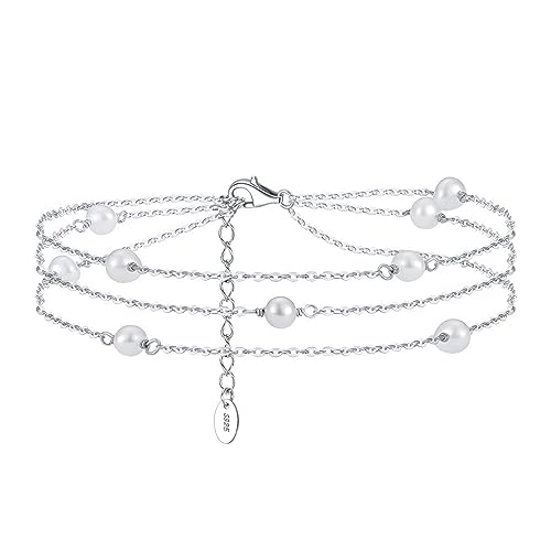 KnBoB Fußkette Barfuß, Damen und Mädchen 925 Silber Kette mit Kleeblatt und Perle Strand Schmuck Verstellbar 27 CM von KnBoB