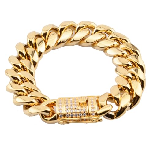 KnBoB Herren Edelstahl Armband 22 cm, Hip Hop Panzer Kette 14MM Gold mit Zirkonia von KnBoB