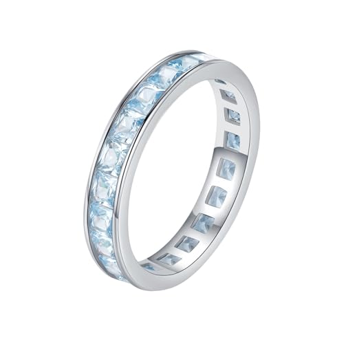 KnBoB Hochzeitsringe Trauringe Eheringe, 14K Weißgold 585 Damen Ring Ewigkeit Hellblau Rechteck Kristall Stein Ringe Schmuck Größe 53 (16.9) von KnBoB
