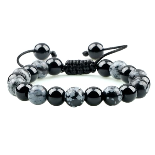 KnBoB Perlenarmband für Damen Herren 8MM, Schwarz Grau Schneeflocken Stein Verstellbar Armbänder 17-30CM, Modeschmuck von KnBoB