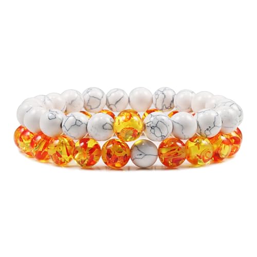 KnBoB Perlenarmband für Herren Damen 8MM Orange Gelb Schwarz Weiß Bernstein Türkis Stein Elastisch Armbänder 18CM, 2er Set von KnBoB