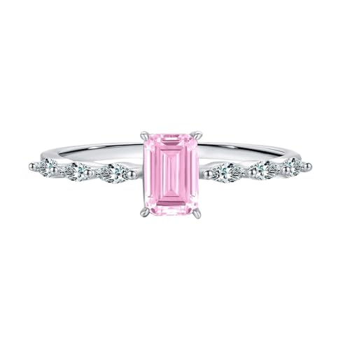 KnBoB Ring Modeschmuck, 9K Weißgold 375 Damen Ring Elegant 7 MM Rosa Rechteck Labor Erstellt Saphir Stein Verlobungsringe Schlicht Größe 47 (15.0) von KnBoB