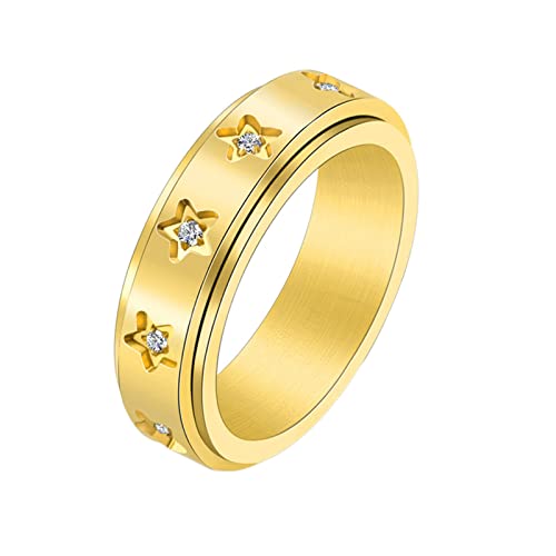 KnBoB Ringe Mädchen, 6MM Edelstahl Ring Gold Stern Spinner Ring mit Weiß Rund Zirkonia Angst Ring Größe 60 (19.1) von KnBoB