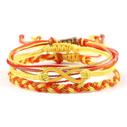 KnBoB Seil Armbänder Damen Herren Legierung Gold Geflochten Unendlichkeit Orange Gelb Verstellbar Armband 17-28CM, 3 Stück von KnBoB