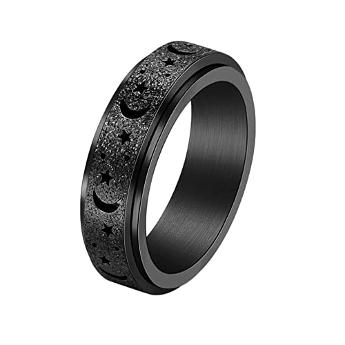 KnBoB Stress Ring, 6MM Titan Ring für Herren Damen Schwarz Stern und Mond Spinner Angst Ring Größe 52 (16.6) von KnBoB