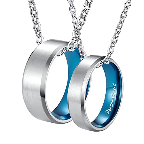 2er Kette Pärchen Personalisiert Edelstahl, Silber Blau Pärchen Kette mit Ring Anhänger 6/8MM Gebürstet für Damen Herren, Frau 50cm Mann 60cm, Größe Damen 54 Herren 62 von KnSam