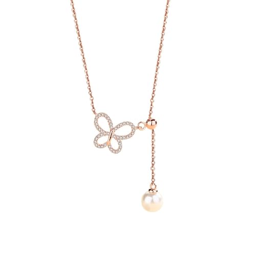 KnSam 18 Karat Rosegold 750 Damen Halskette, Schmetterling Quaste Kette Anhänger Damenkette mit Perle (Rundschliff Weiß), Kette Frauen Rose Gold Au750 Echt, 47CM von KnSam