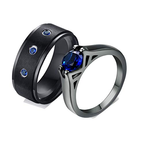 KnSam 2 Stück Ring Bandring Edelstahl Eheringe Für Damen Blauer Zirkonia Ring Gebürstet Damen Gr. 57 (18.1) Herren Gr. 67 (21.3) Schwarz von KnSam