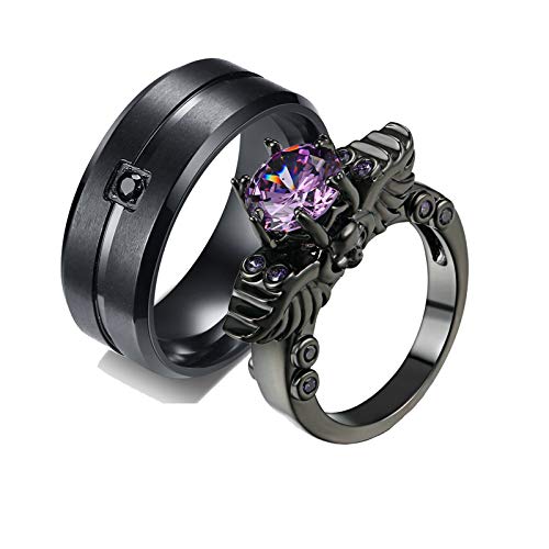 KnSam 2 Stück Ring Herrenring Silber Damen Ringe Breit Silber Gebürsteter Ring Und Lila Zirkonia Ring Damen Gr. 57 (18.1) Herren Gr. 65 (20.7) Schwarz von KnSam