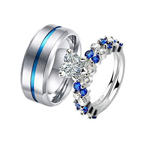 KnSam 2 Stück Ring Partnerringe Paarpreis Verlobung Ring Damen Gebürsteter Ring Und Herz-Zirkonia-Ring Damen Gr. 54 (17.2) Herren Gr. 54 (17.2) Silber Blau von KnSam