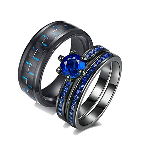 KnSam 2 Stück Ring Ringe Edelstahl Breit Ringe Edelstahl Breit Kohlefaserring Und Runder Zirkonia-Ring Stapelbar Damen Gr. 60 (19.1) Herren Gr. 67 (21.3) Schwarz von KnSam