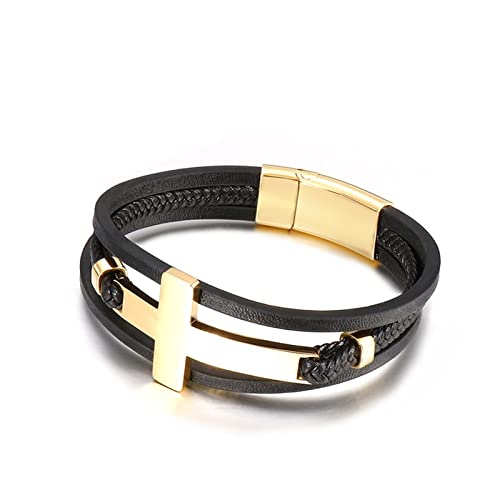 KnSam Armband Leder, PU Leder Pärchen Armband Mehrschichtig Kreuz Herren Lederarmband mit Gravur Edelstahl Handhandgelenk Kette Gold mit Magnet Verschluss, Länge 21CM BFF Geschenke von KnSam