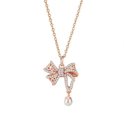 KnSam Au375 Rose Gold Damen Kette Hochzeit, Bow-Knot Hohl Damenkette Anhänger mit Perle (Rundschliff Weiß), Halskette Frauen 9K Gold Echt Schmuck, 40+5CM von KnSam
