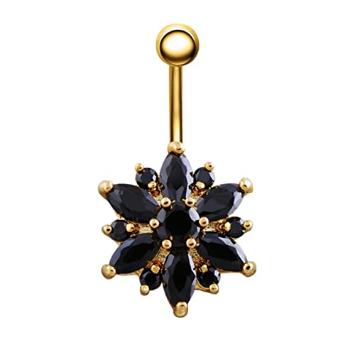 KnSam Bauchnabelpiercing Gold Schwarz, Anhänger Blumen Piercing Schmuck mit Schwarz Zirkonia in Edelstahl, Körper Schmuck für Frauen Mädchen 31mm von KnSam