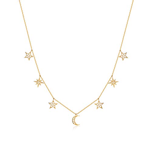 KnSam Damen Halskette Anhänger 925 Sterling Silber Vergoldet 9 K Gelb Gold Mond und Stern mit Zirkonia Gold Halskette von KnSam