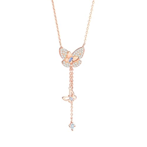 KnSam Echt Gold Kette Damen mit Anhänger Rose Gold 9 Karat Au375, Schmetterling Quaste Kette Damenkette Anhänger mit Topas (Marquiseschliff Blau), 9K Rosegold Halskette Frauen, 40+5CM von KnSam