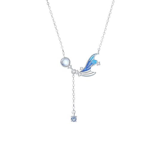 KnSam Echt Gold Schmuck Kette Damen Zart Weißgold 375 9 Karat, Fischschwanz Anhänger Damenkette mit Mondstein (Rundschliff Hell Blau), 9K Gold Halsketten für Frauen, 40+5CM von KnSam