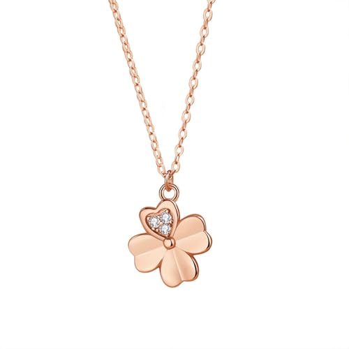KnSam Echter Schmuck Damen Halsketten Modern 9 Karat 375 Rosegold, Herz Blatt Klee Damenkette Anhänger mit Moissanit (Rundschliff Weiß), Rose Gold Au375 Kette Frauen, 40+5CM von KnSam