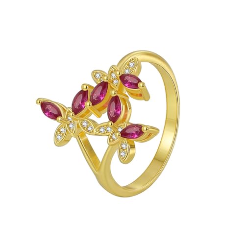 KnSam Echter Schmuck Verlobungsring Gelbgold 375 9 Karat, Schmetterling Hochzeitsring mit Labor Erstellt Rubin (Marquiseschliff Rose Rot), 9K Gold Freundschaftsringe, Gr.62 (19.7) von KnSam