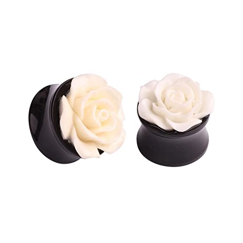 KnSam Ohr Tunnel Plug 00G, 2Pcs Rose Blumen Expander Messgeräte Double Flared Tunnel, Weiß Ohrringe Frauen Ohr Expander Piercing Schmuck von KnSam