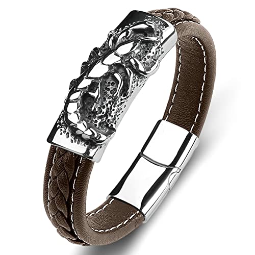 KnSam Personalisierte Geschenke - Armreif, PU Leder Herren Armband Skorpion Armreifen für Männer Edelstahl Armschmuck Braun mit Magnet Verschluss, Länge 16.5CM von KnSam