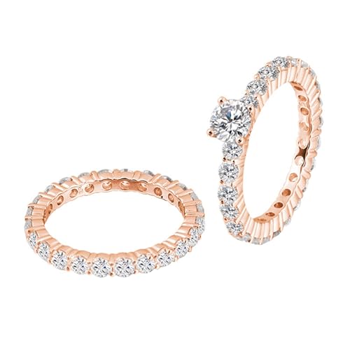 KnSam Ring Rose Gold 14K Au585, 2 Ring Set Klassiker Bohrer Reihe Stein Hochzeitsring mit Moissanit in Ovalschliff, 585 Gold Pärchen Ringe Partnerringe Echte Goldschmuck von KnSam