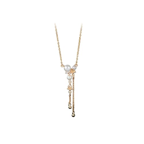 KnSam Rose Gold 14 Karat Au585 Kette Damen Anhänger, Quaste Stern Anhänger Damenkette mit Perle (Rundschliff Weiß), 14K Rosegold Frauen Halsketten Echtes, 40+5CM von KnSam