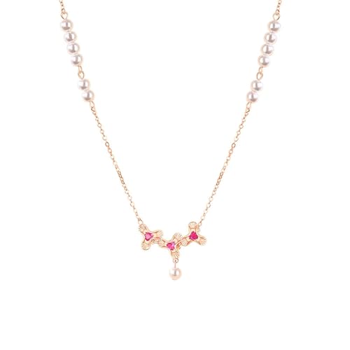 KnSam Rosegold 585 Halskette Damen Hochzeit, Klee Damenkette Anhänger mit Labor Erstellt Rubin (Triangelschliff Rot), Frau Ketten 14K Gold Echter Schmuck, 40+5CM von KnSam