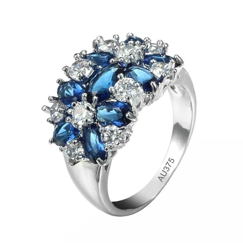 KnSam Weiß Gold 9K Partnerringe Echt Gold Schmuck, Glanz Blume Ring Pärchen Ringe mit Labor Erstellt Saphir Blau, Trauringe Au375 Gold mit Moissanit, Gr.65 (20.7) von KnSam