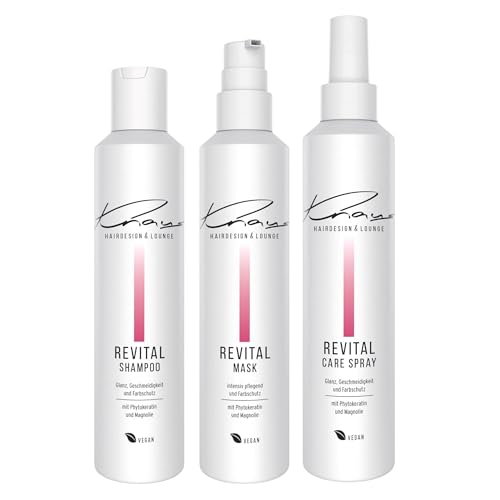 Knaus Hairdesign REVITAL 3er Set – Shampoo, Maske & 2- Phasen Leave-In Spray für coloriertes Haar | Mit Phytokeratin & Magnolie | Strahlkraft & Farbpflege | Geschmeidigkeit, Glanz & Farbschutz von Knaus Hairdesign