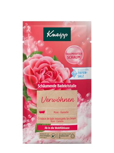 Kneipp Badekristalle Verwöhnen, Badesalz mit Tiefensalz und der Kombination aus natürlichem ätherischen Öl der Damaszener Rose und pflegendem Kamelienöl, langanhaltender Traumschaum, 80g von Kneipp