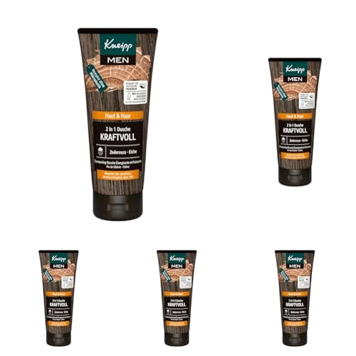 Kneipp MEN 2 in 1 Dusche Kraftvoll, belebendes Duschgel für Haut und Haar, harmonischer Duft mit warmen und holzigen Noten, Zedernholzöl und Eichenextrakt, 200ml (Packung mit 5) von Kneipp