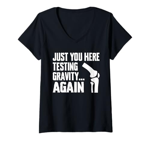 Damen Just You Here Testing Gravity Again Knee Replacement T-Shirt mit V-Ausschnitt Damen Just You Here Testing Gravity Again Knee Replacement T-Shirt mit V-Ausschnitt von Knie Operation Designs Kniegelenkersatz