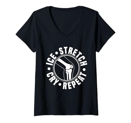 Damen Ice Stretch Cry Repeat Knee Replacement Surgery T-Shirt mit V-Ausschnitt von Knie Operation Kniegelenkersatz Design
