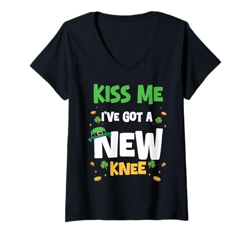 Damen Kiss Me Ive Got A New Knee St. Patricks Day T-Shirt mit V-Ausschnitt von Knie Operation Kniegelenkersatz Design