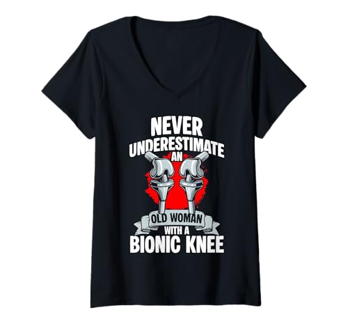 Damen Never Underestimate An Old Woman with A Bionic Knee T-Shirt mit V-Ausschnitt von Knie Operation Kniegelenkersatz Design