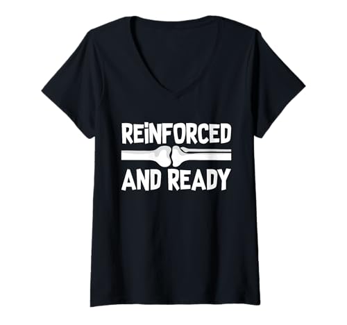 Damen Reinforced and Ready Knee Replacement Surgery T-Shirt mit V-Ausschnitt von Knie Operation Kniegelenkersatz Design